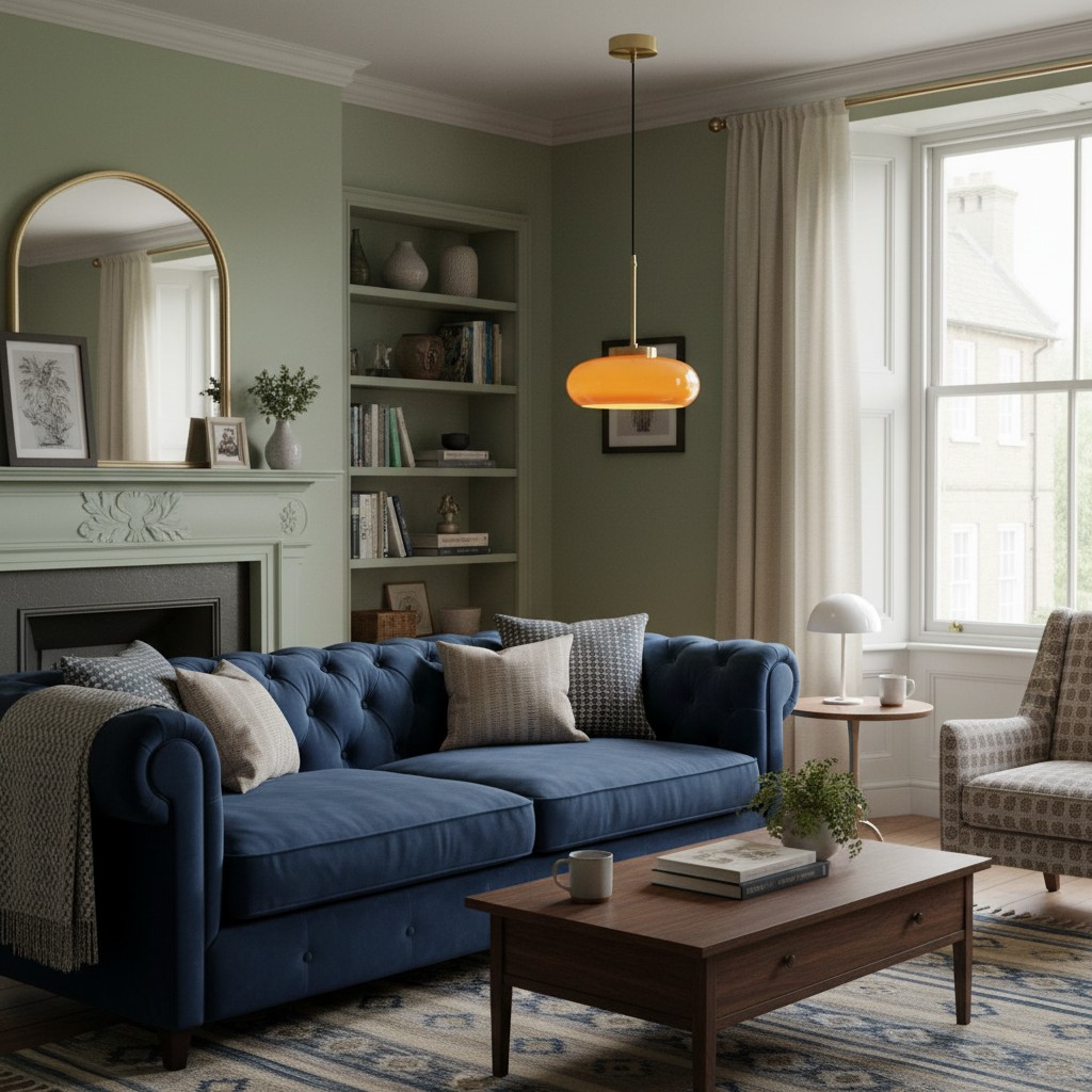 Orange globe pendant above a sofa seating area