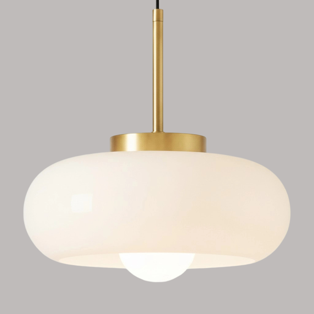 White milk glass shade with brass pendant stem