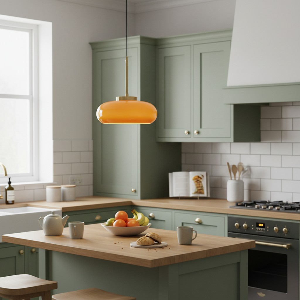Orange globe pendant in a kitchen scene