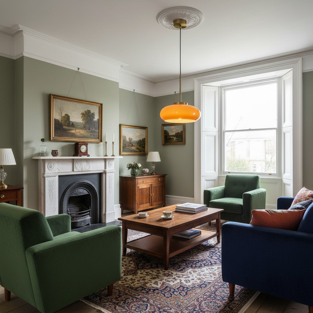 Orange globe pendant in a classic living room