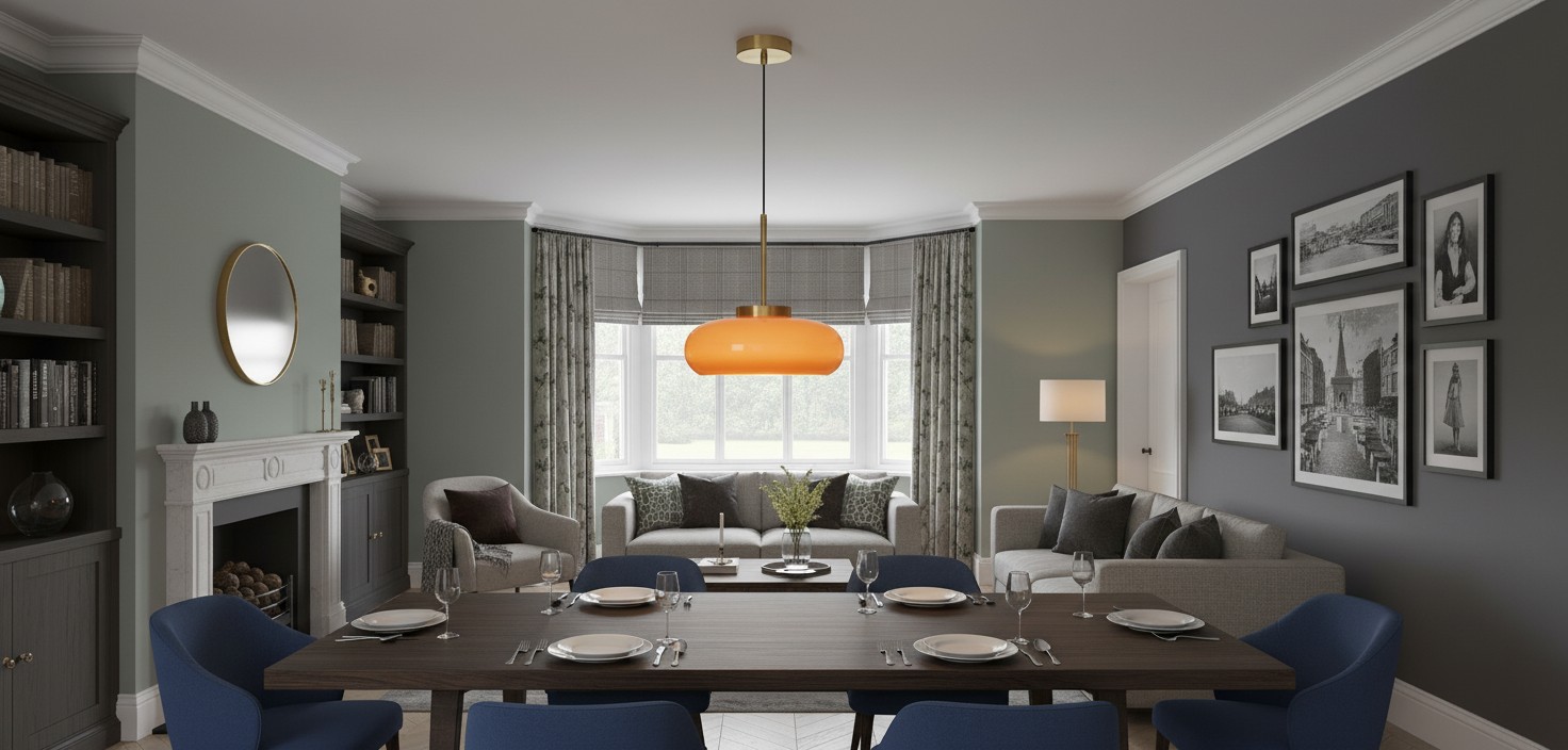 Vintage milk glass globe pendant light in a dining and living room scene