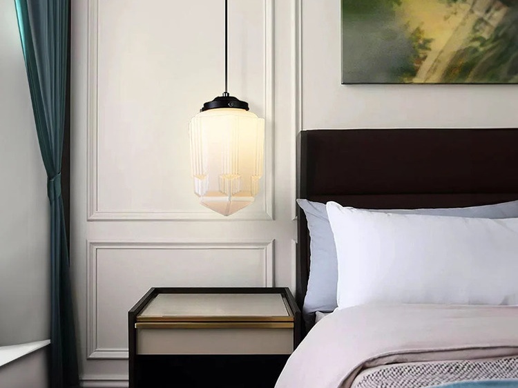 Vintage White Milk Glass Geometric Jar Pendant Light in bedroom