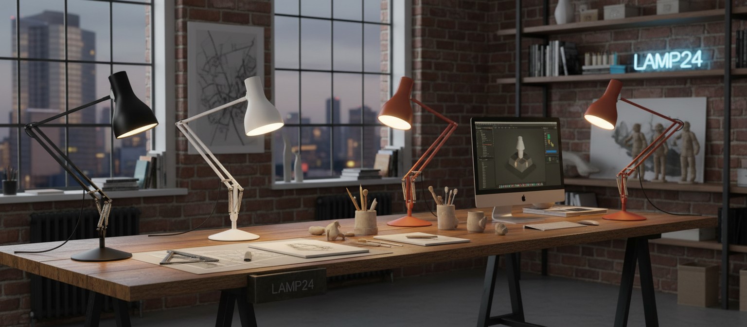 Modern adjustable desk lamps on a work table