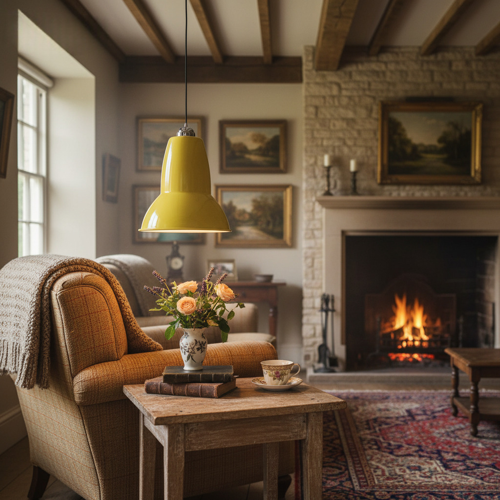 Yellow pendant lamp by fireplace