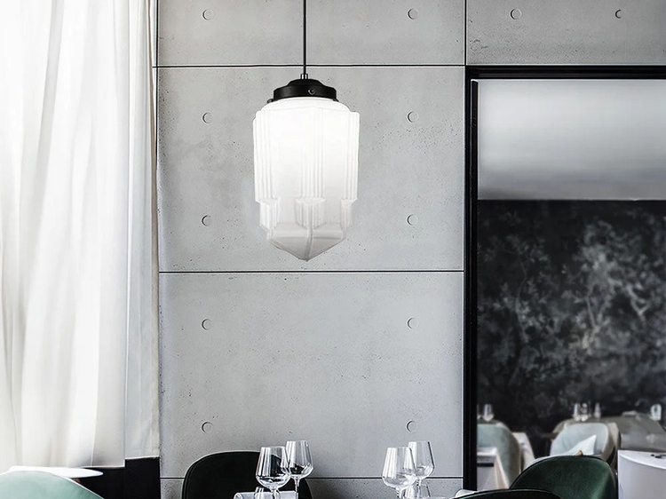 Vintage White Milk Glass Geometric Jar Pendant Light in dining room