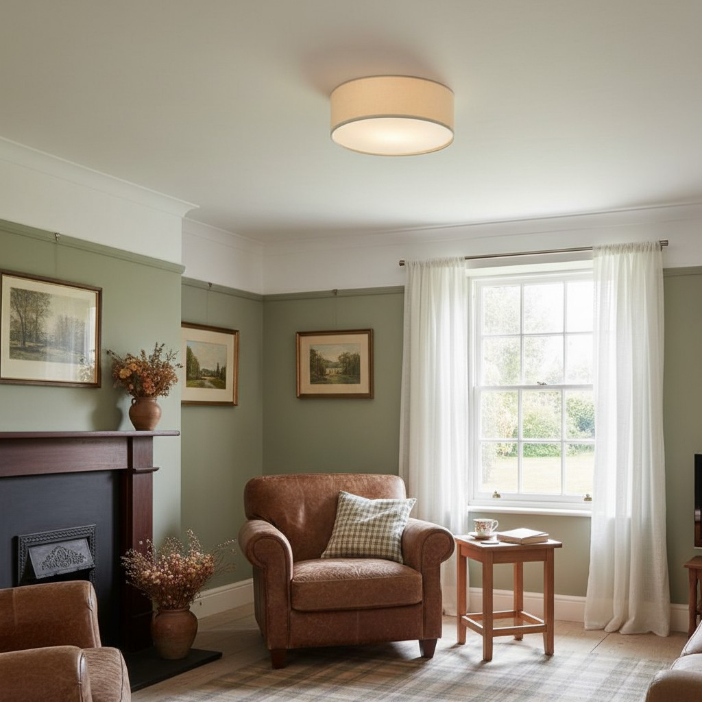 Dumora linen drum flush mount light in living room