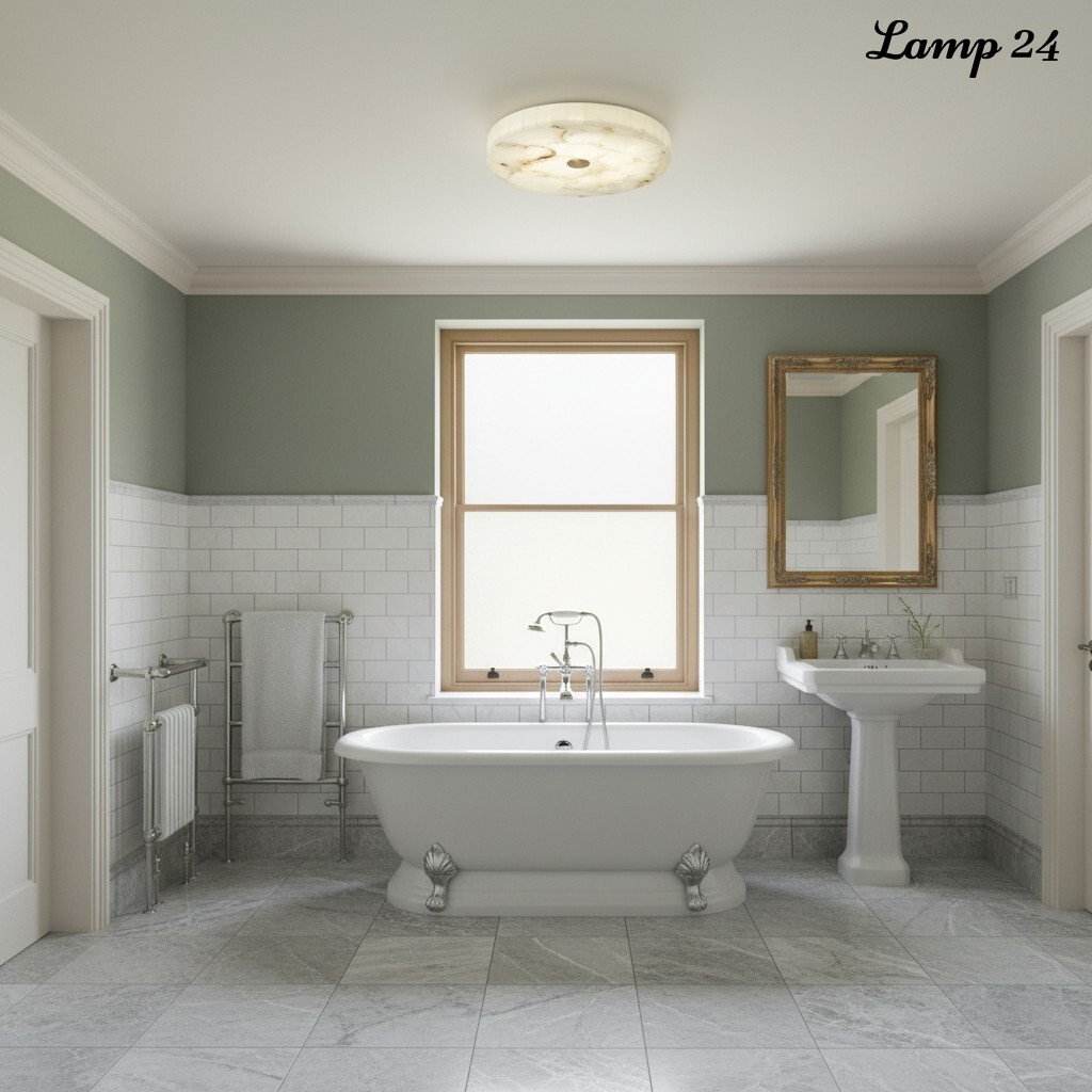 Alabaster ceiling light in bathroom