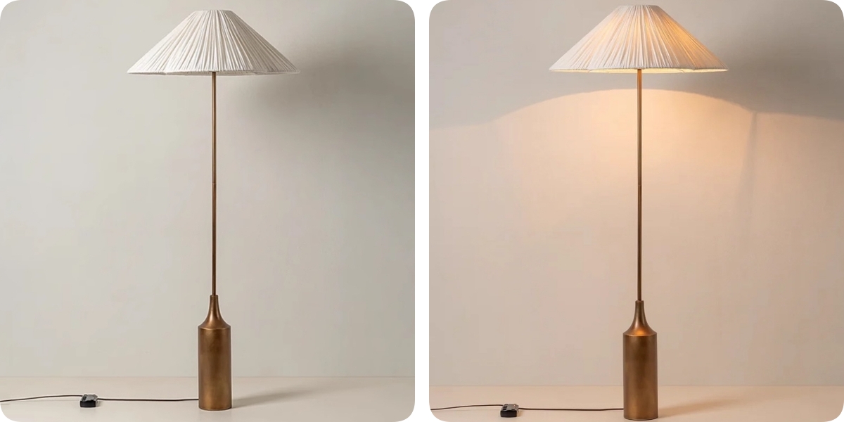 Lindi Linen Floor Lamp light on and off comparison