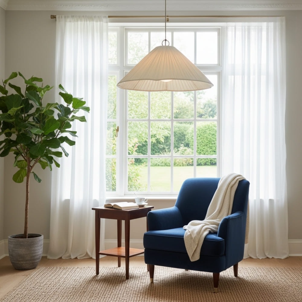 Lindi pendant light near a blue chair
