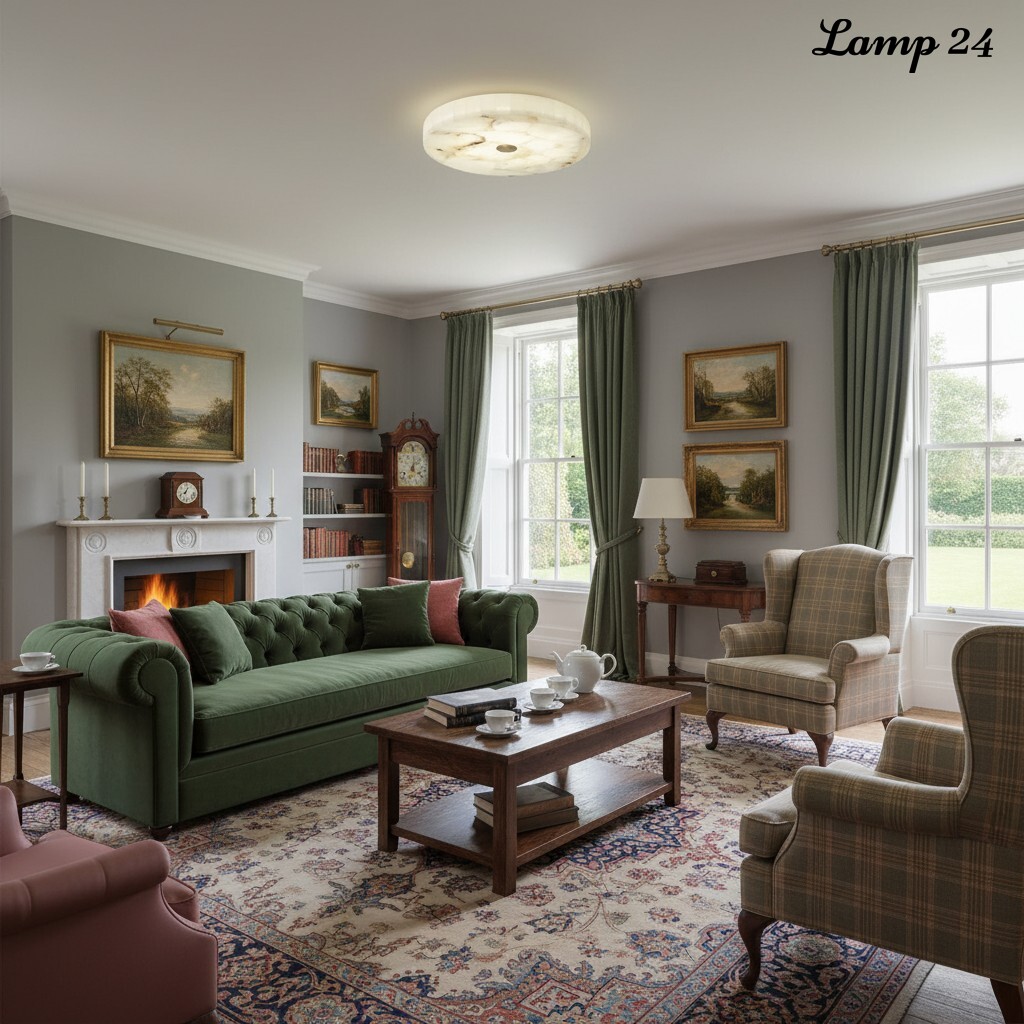 Alabaster ceiling light in classic living room