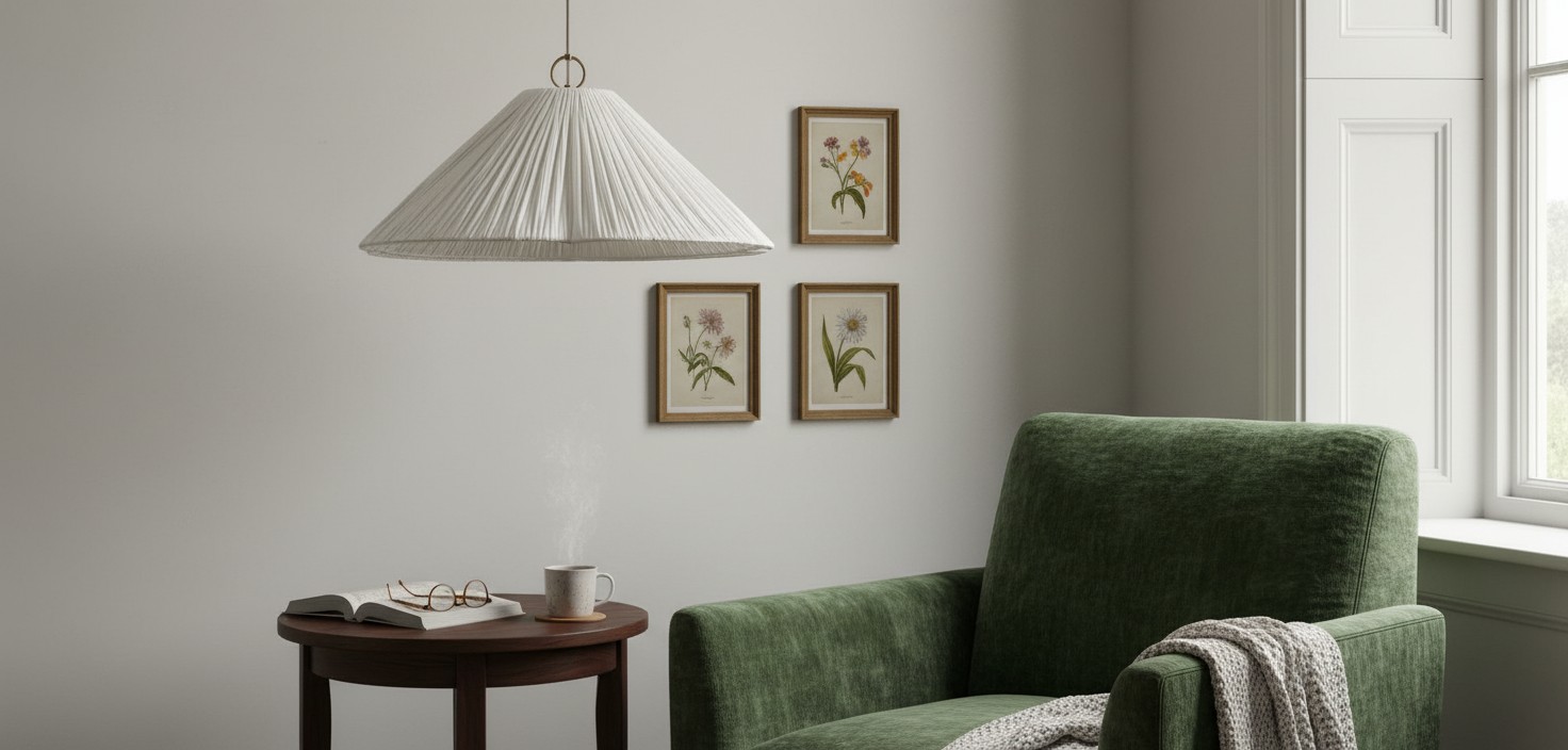 Lindi Oversized Linen Scalloped Pendant Light in a living room