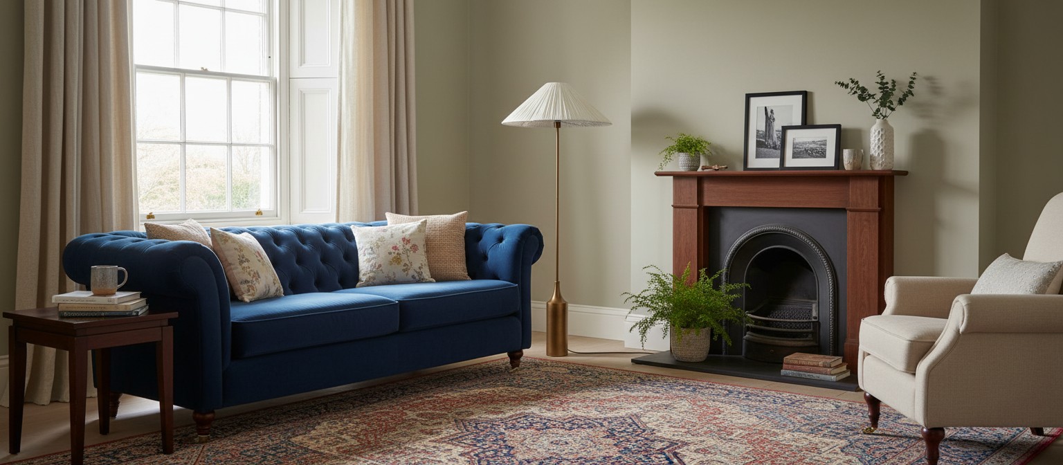 Lindi Linen Floor Lamp displayed in a living room