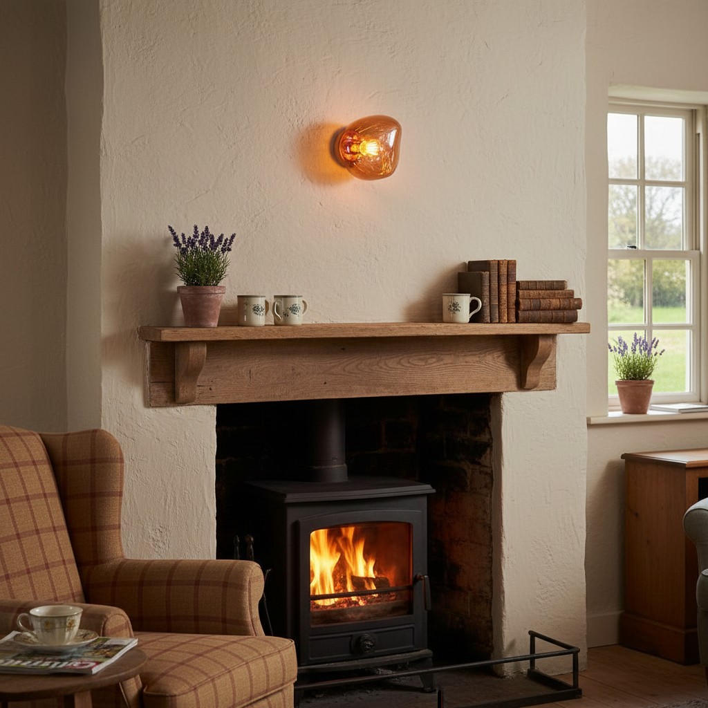Wall lamp above fireplace room scene