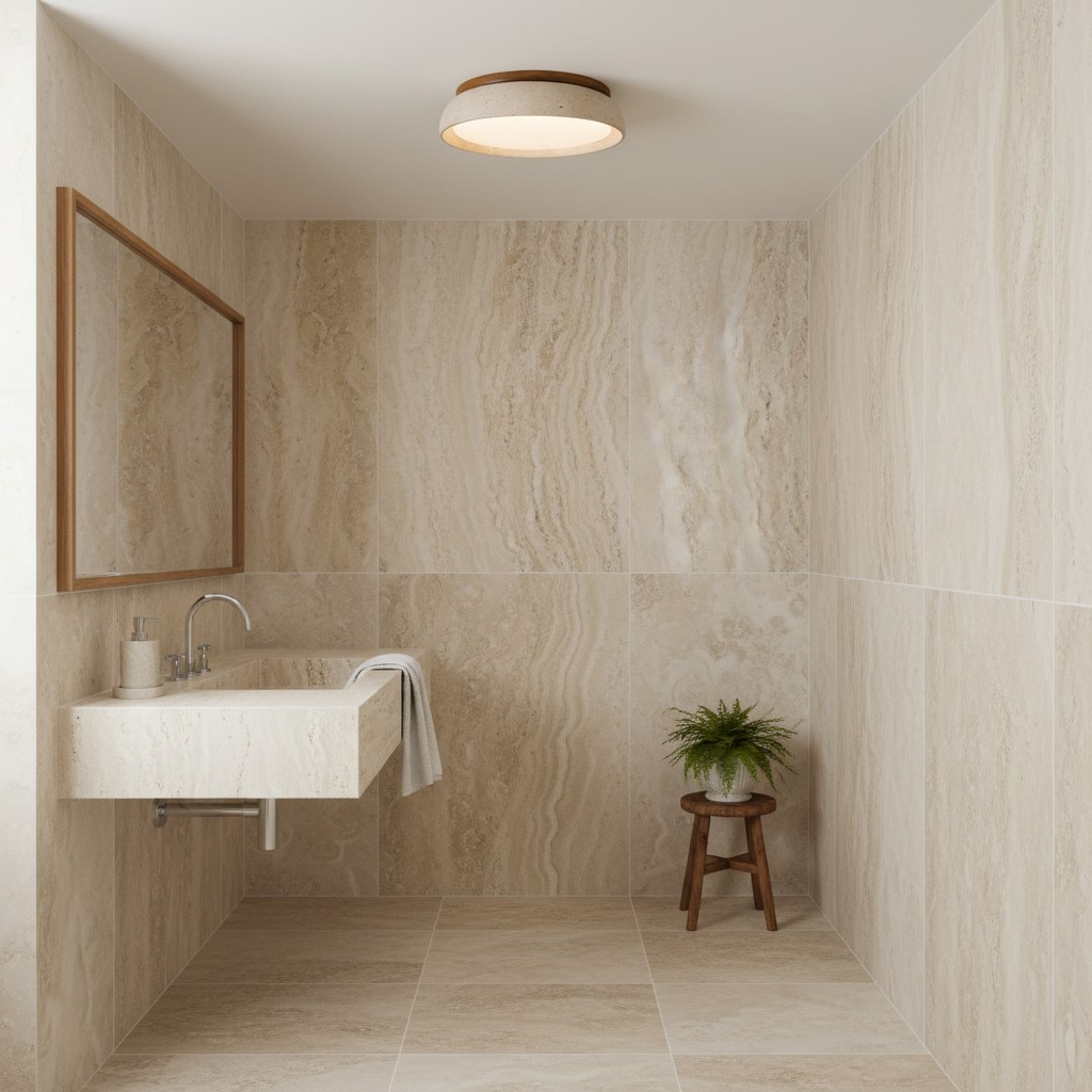 Travertine ceiling light in a bathroom