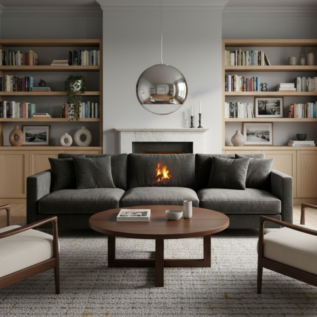 Chrome mirror ball pendant light in lounge