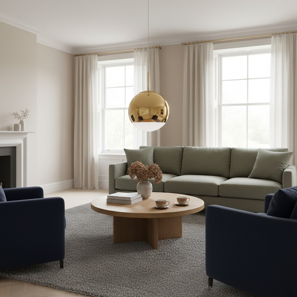 Gold mirror ball pendant light in living room
