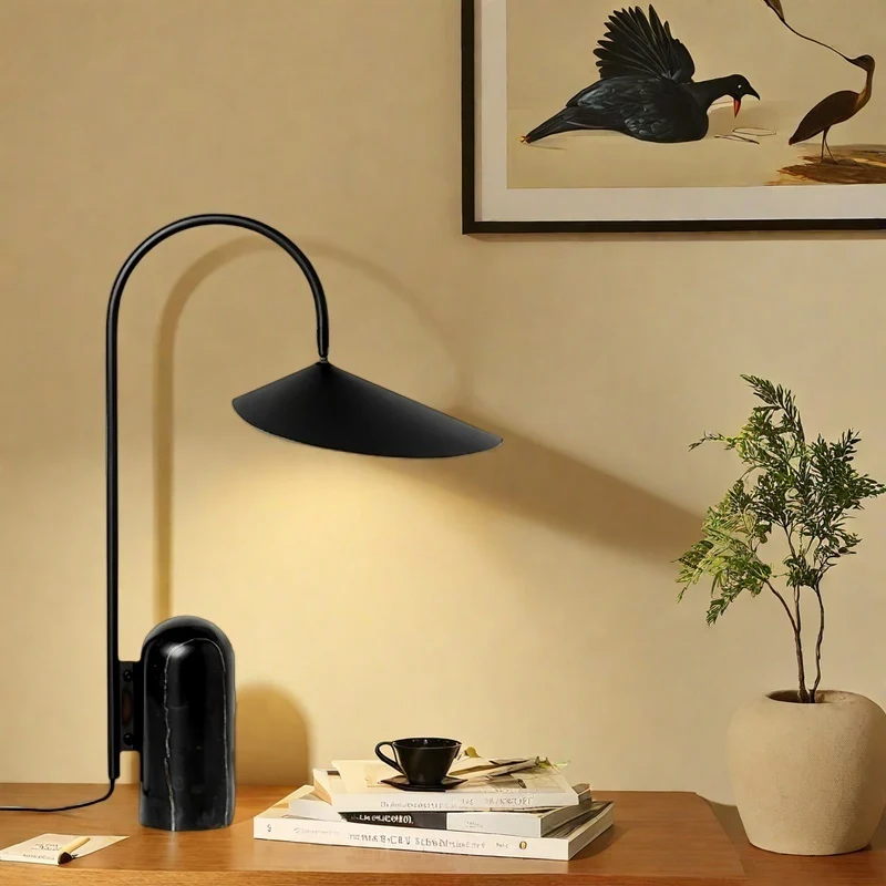 Black table lamp in a warm reading corner