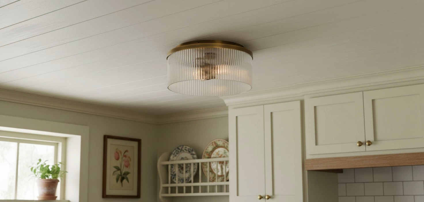 Bravira ribbed glass ceiling light installed in a room