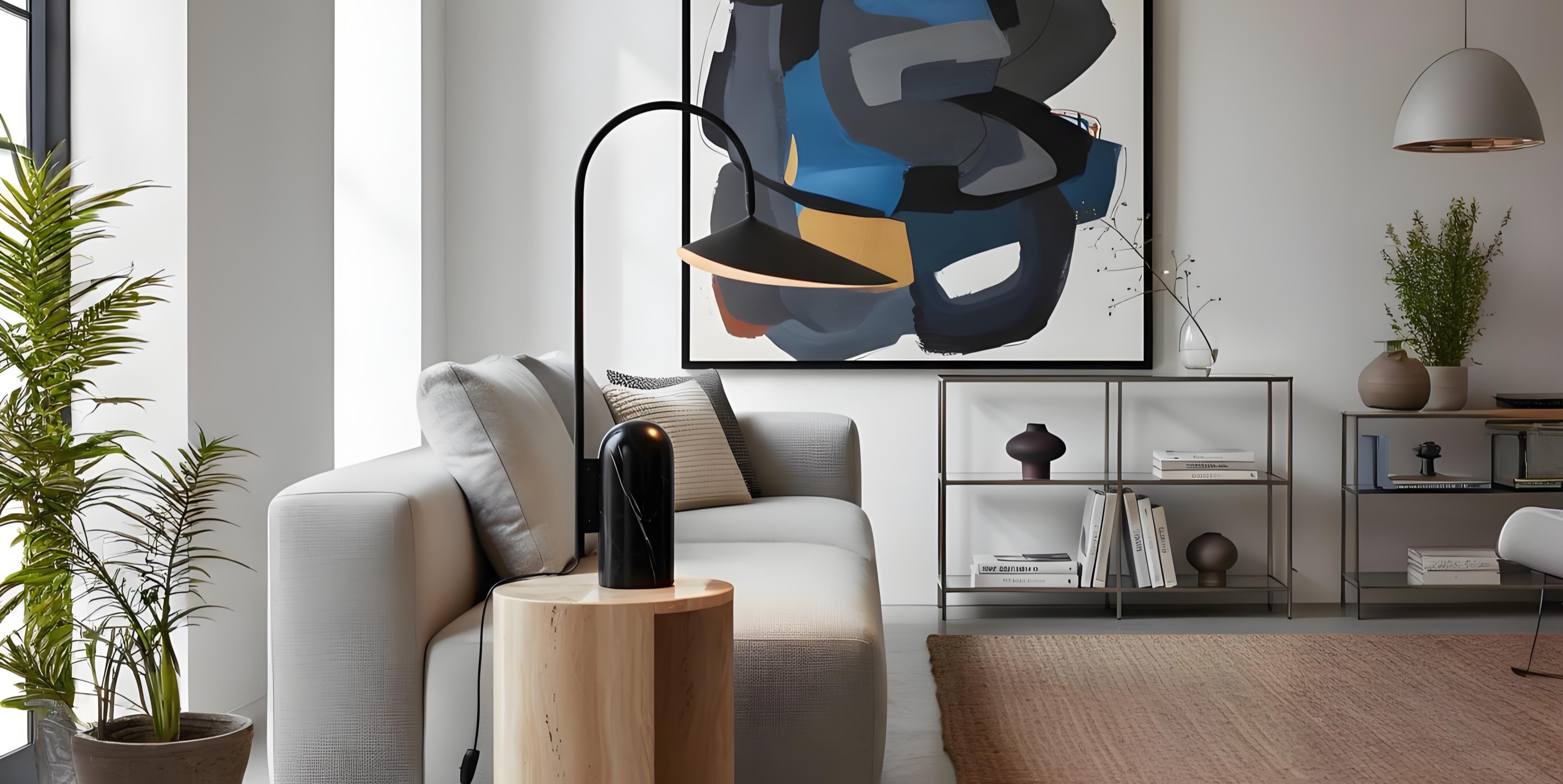Modern marble base table lamp styled beside a sofa