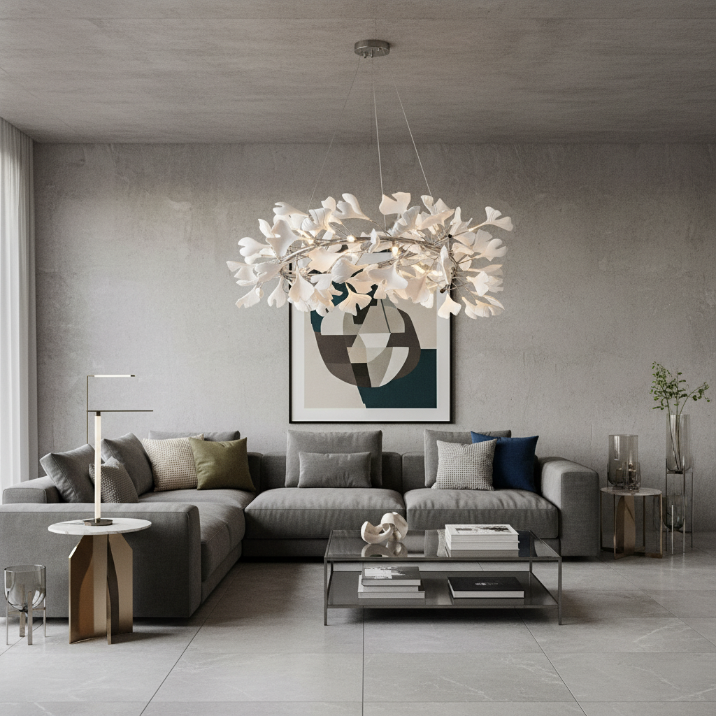 Gingko U Chandelier in a grey lounge