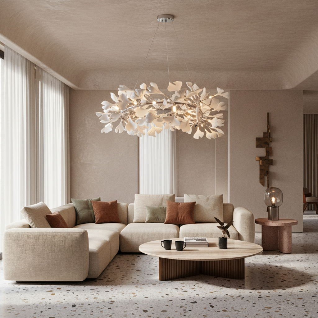 Gingko U Chandelier in a warm modern lounge