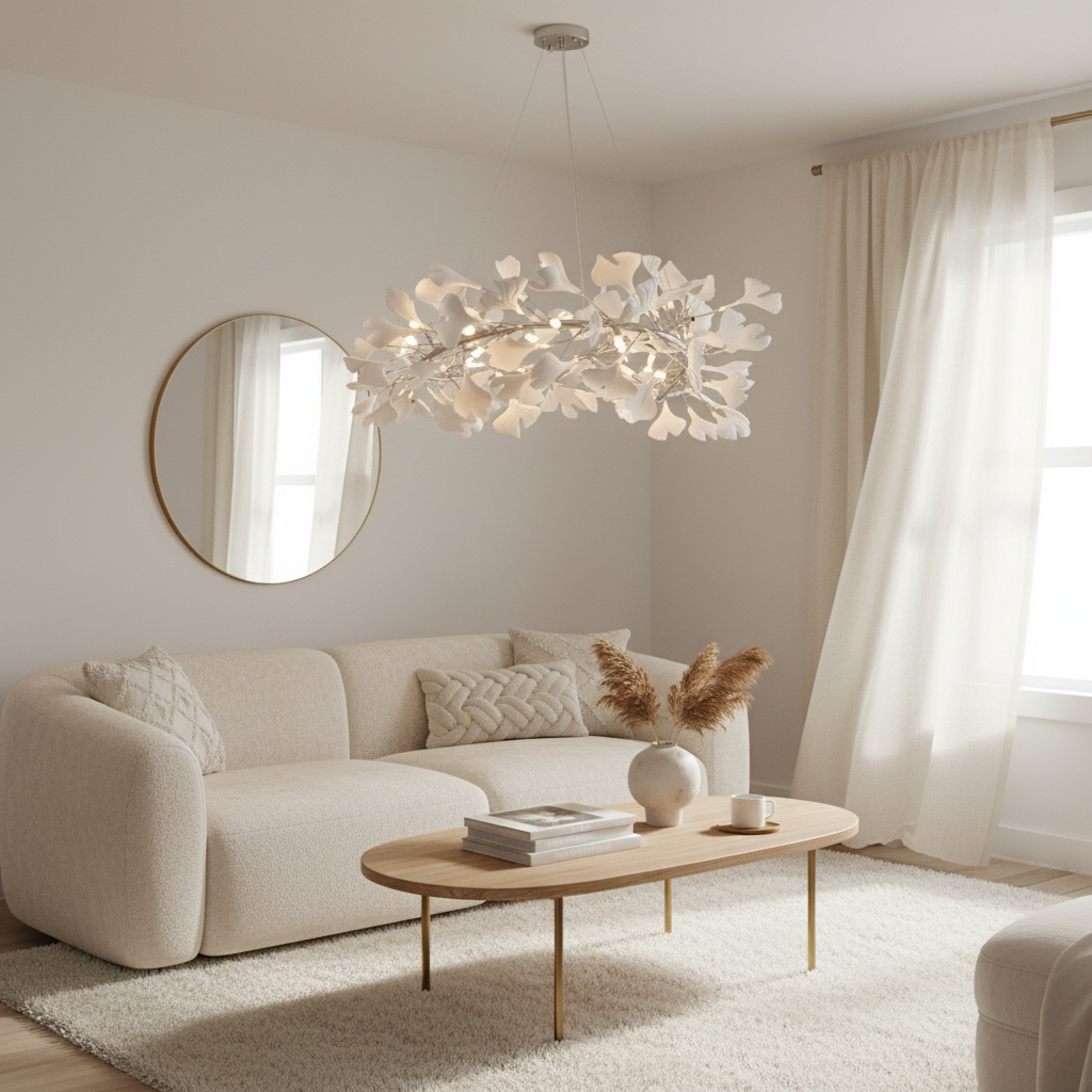 Gingko U Chandelier in a soft neutral sitting room