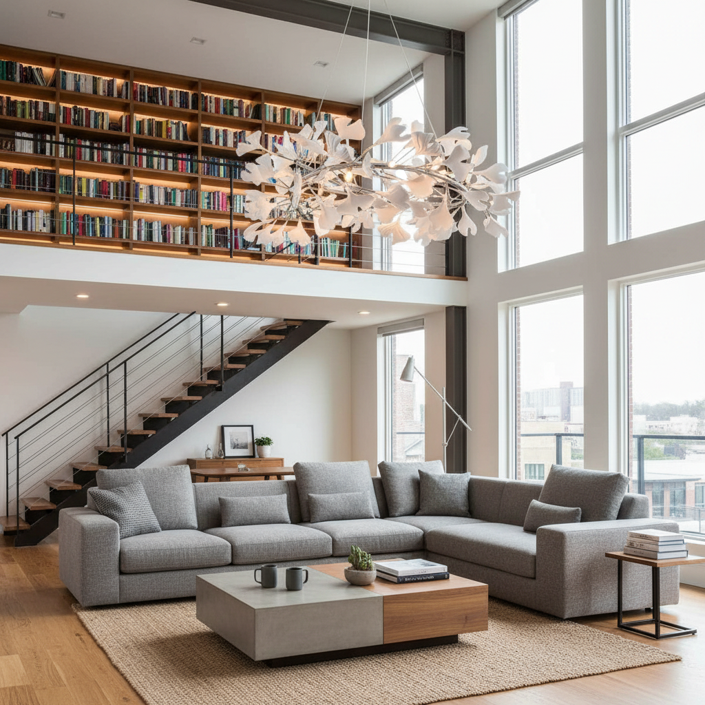 Gingko U Chandelier in a living room with bookshelves