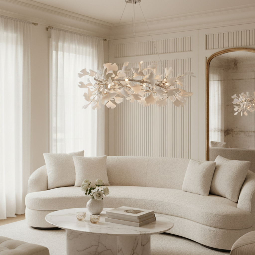 Gingko U Chandelier over a cream sofa