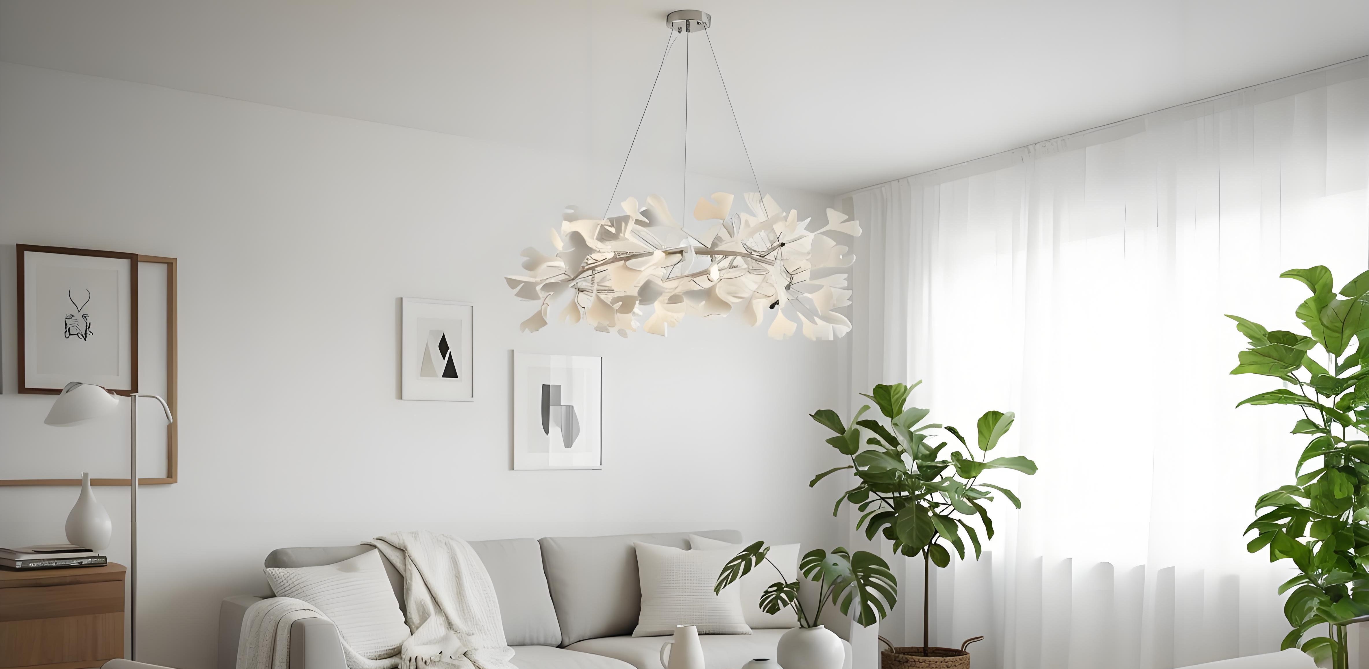 Gingko U Chandelier with porcelain leaves in a bright living room