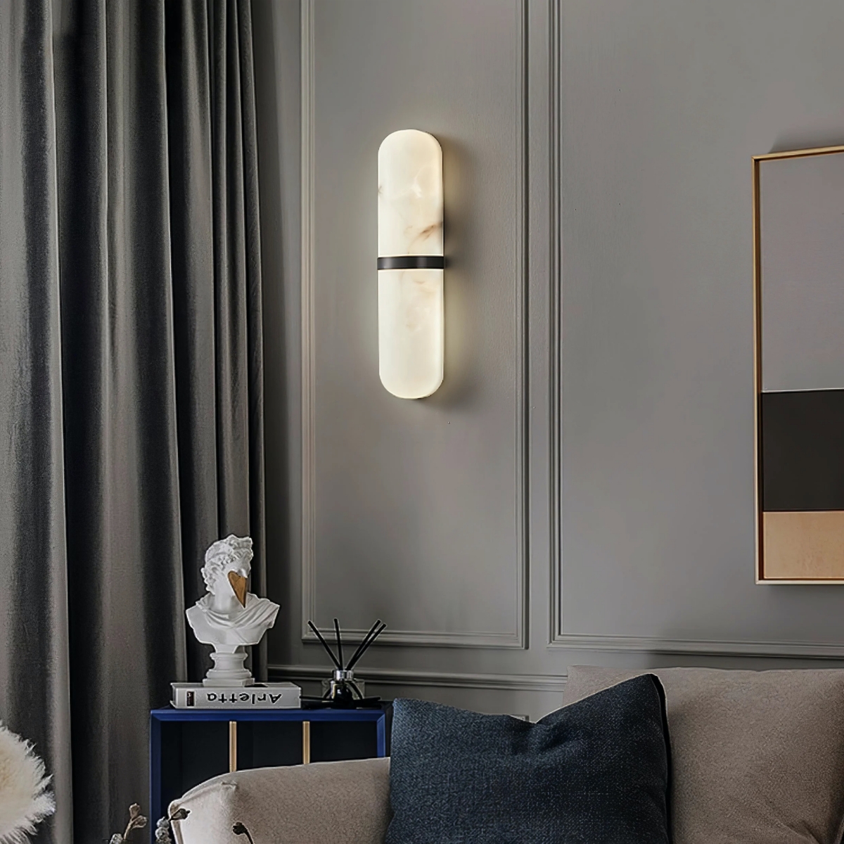Alabaster pill wall light installed in interior