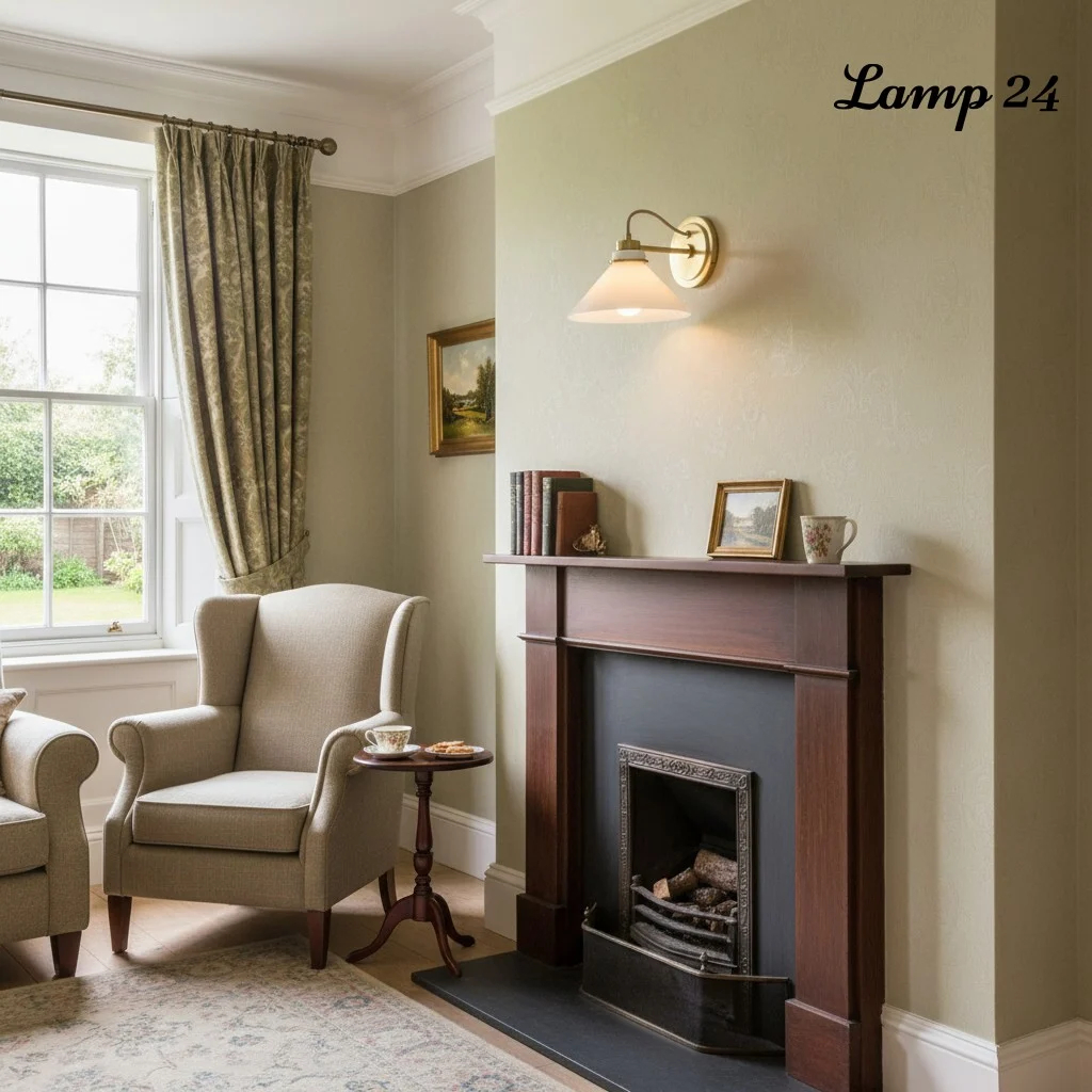 Aurenza wall sconce beside a fireplace and armchair