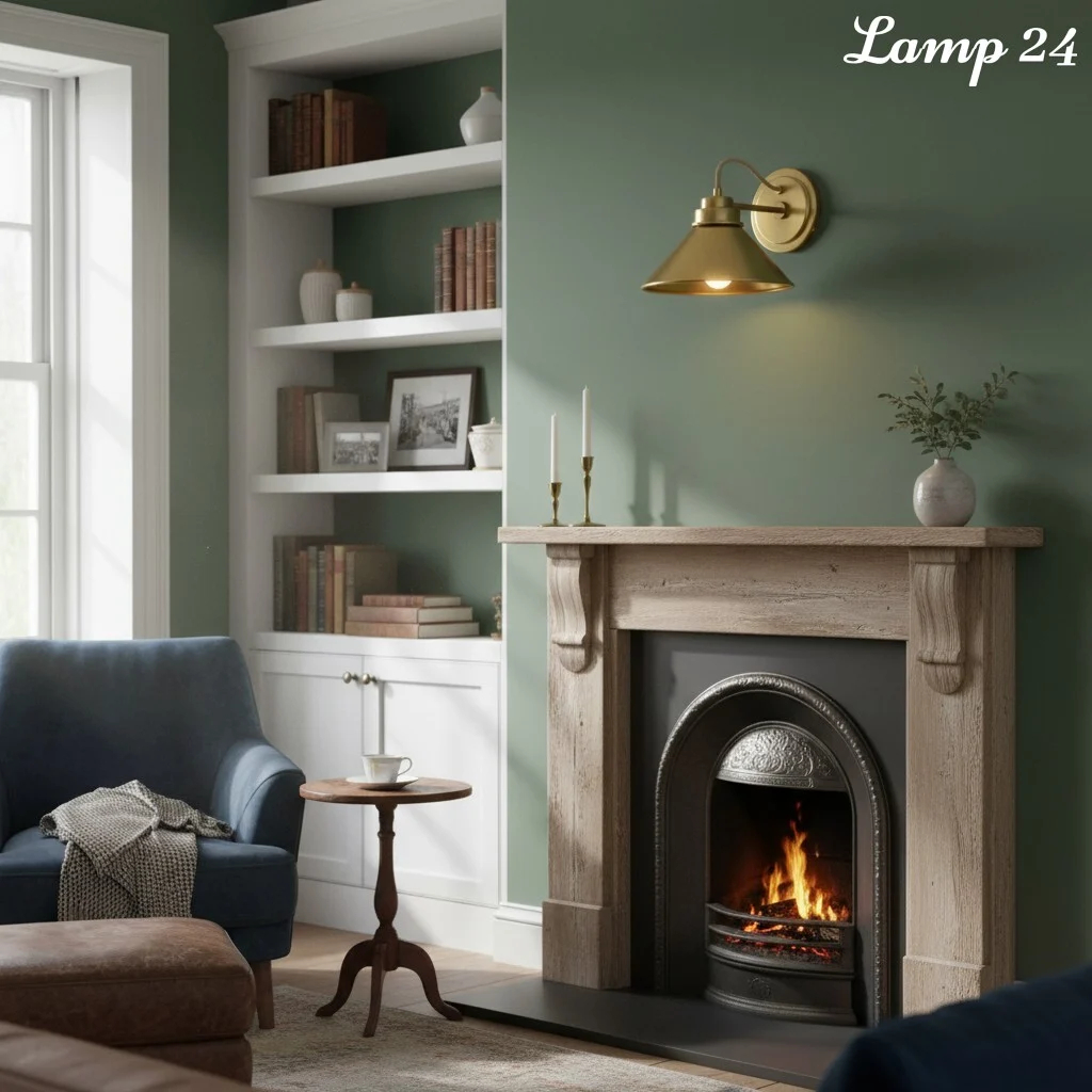 Aurenza wall sconce in a cozy fireplace room