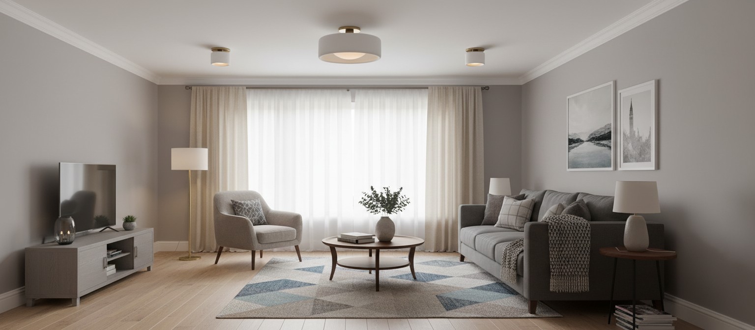 Cerova porcelain flush mount ceiling light in a living room scene