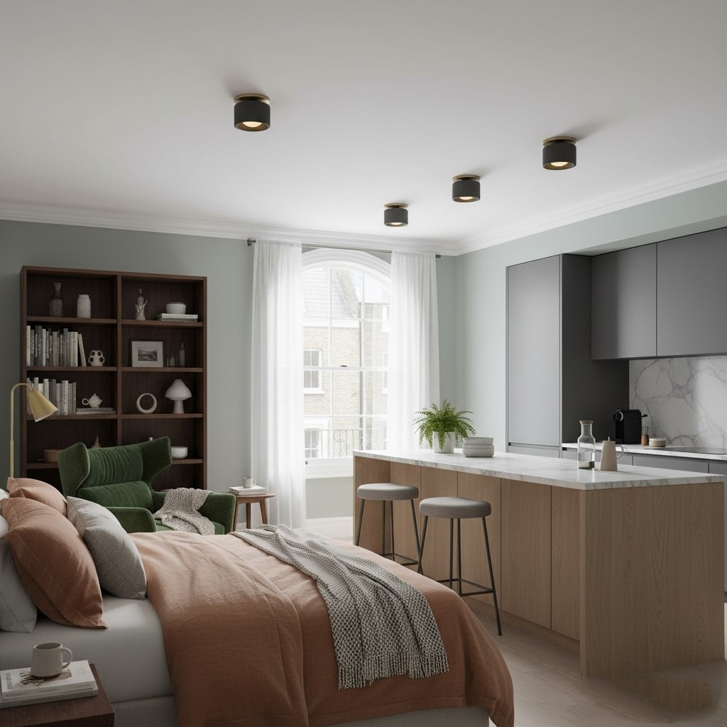 Cerova ceiling lights in a bedroom and kitchen space