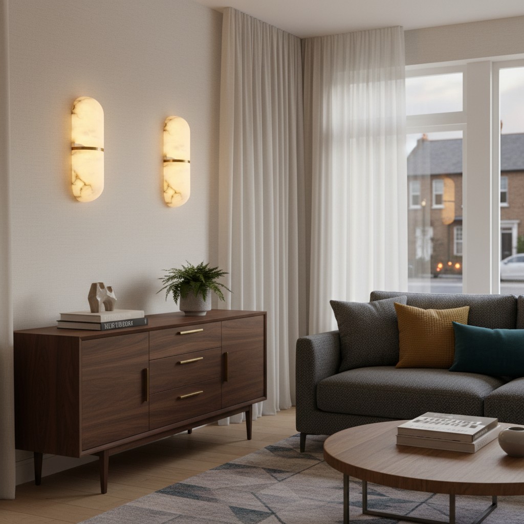 Brass alabaster wall lights in living room