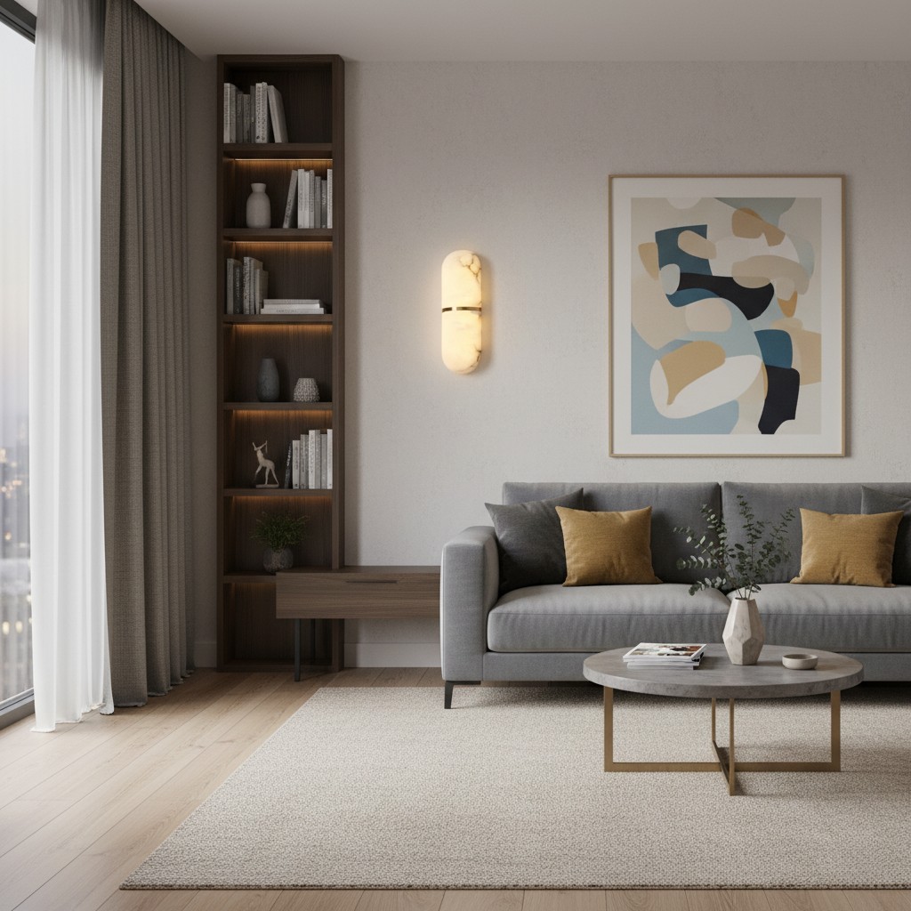 Brass alabaster wall light beside sofa