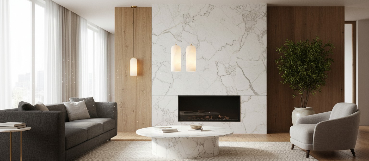 Alabaster pendant light in a modern living room