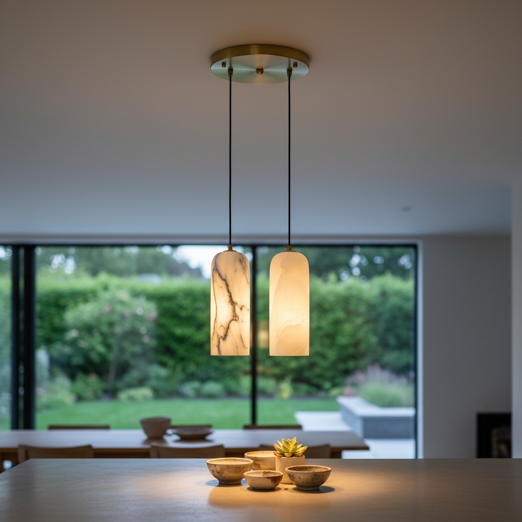 Mid-century alabaster pendant light over a dining table