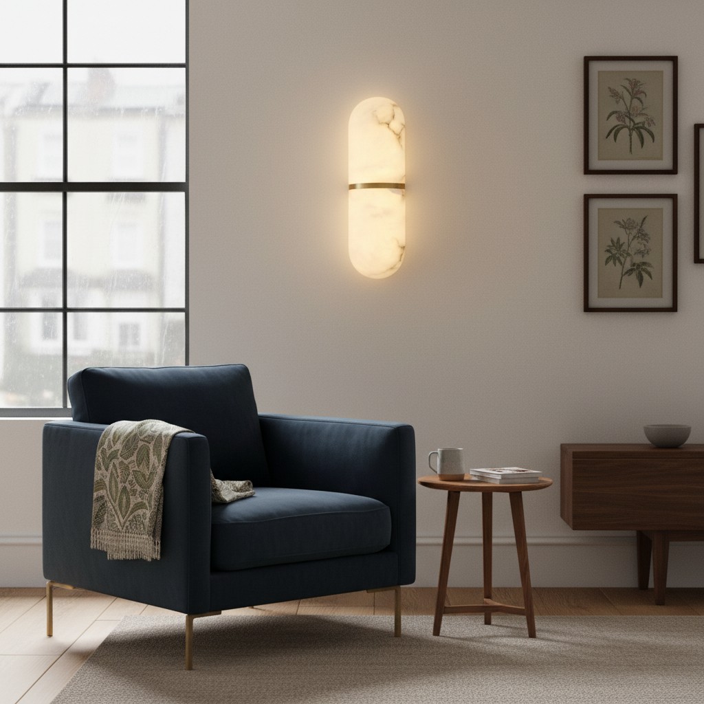 Black detail alabaster wall light in lounge