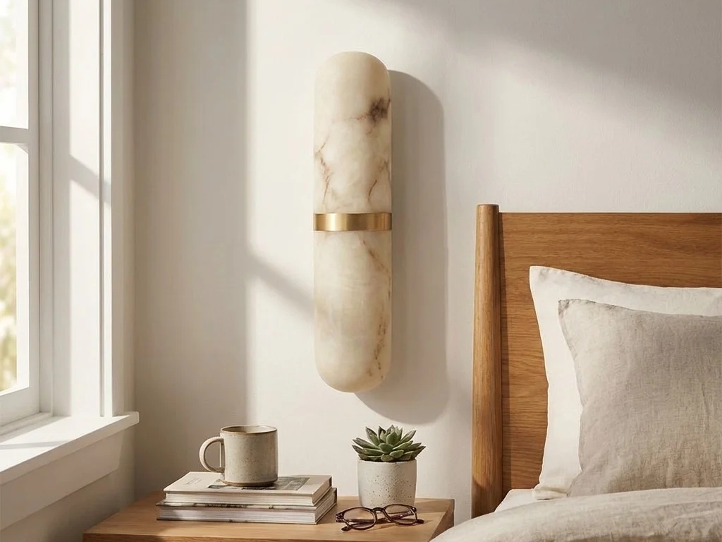 Alabaster pill wall light beside bed