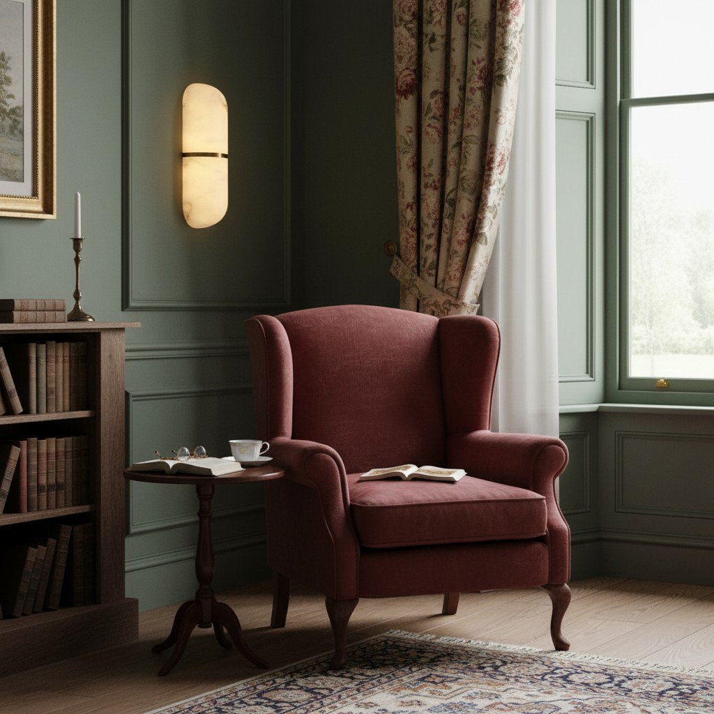 Brass alabaster wall light in reading corner