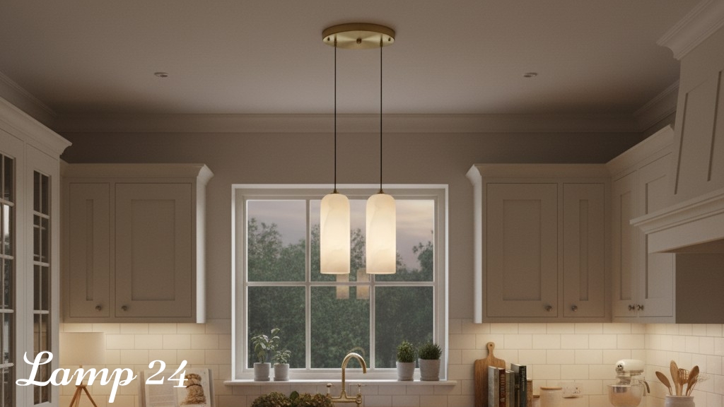 Monty alabaster pendant light over a kitchen sink