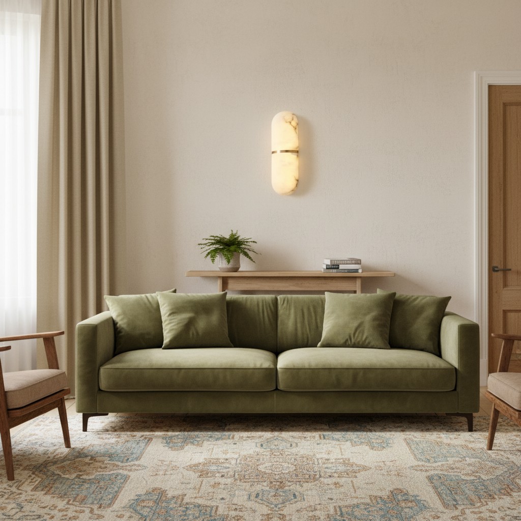 Black detail alabaster wall light above sofa