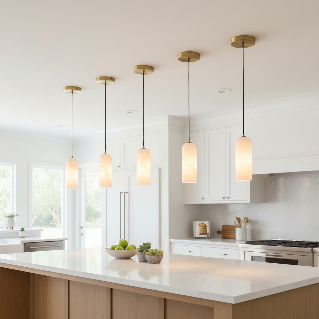 Multiple Monty pendant lights over a kitchen island