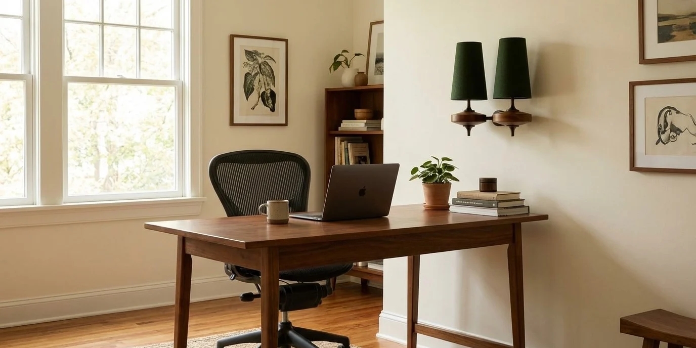 Luvora Wood Fabric Wall Light in a workspace