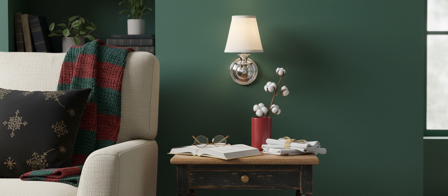 Kalvora Fabric Shade Mercer Wall Sconce styled on a green wall