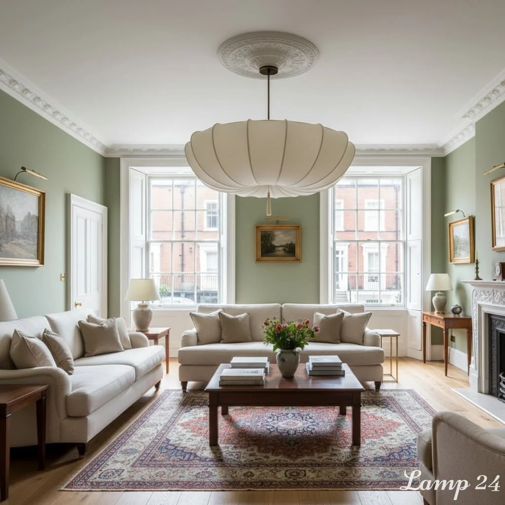 Living room scene with chandelier