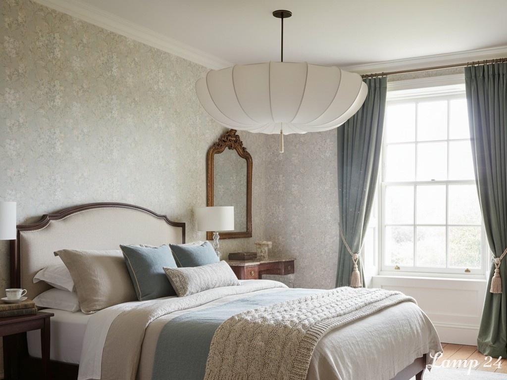 Bedroom scene with fabric chandelier