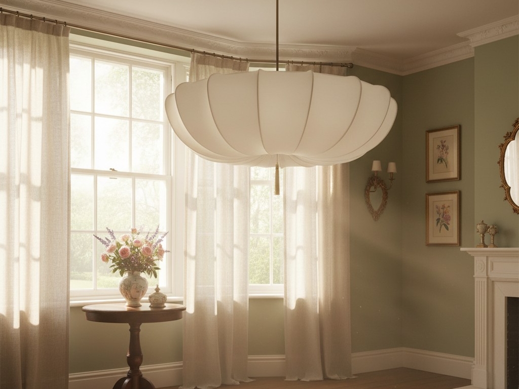 Fabric chandelier in a softly lit room
