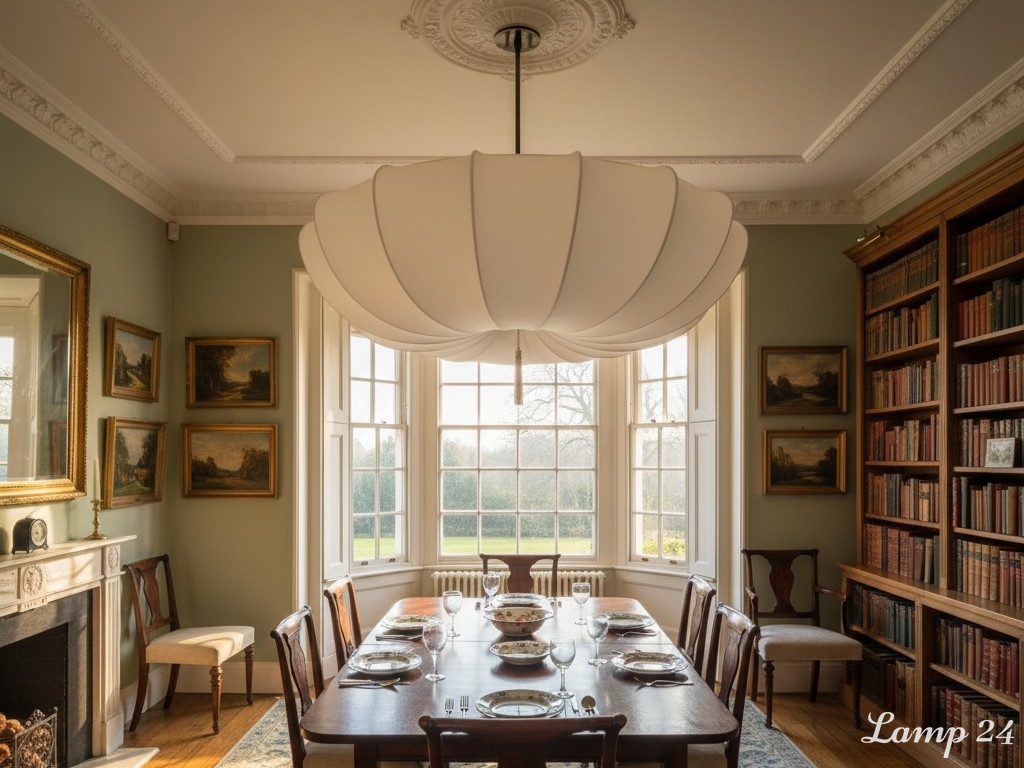 Dining room scene with fabric chandelier